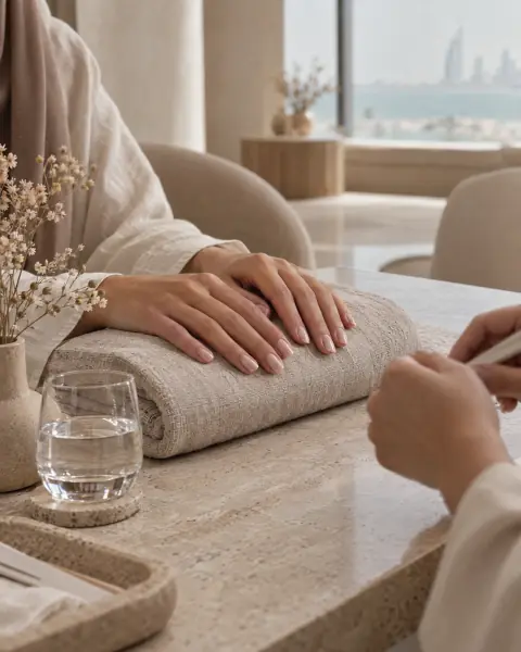 يدا زبونة مرتاحتان على منشفة في صالون تجميل